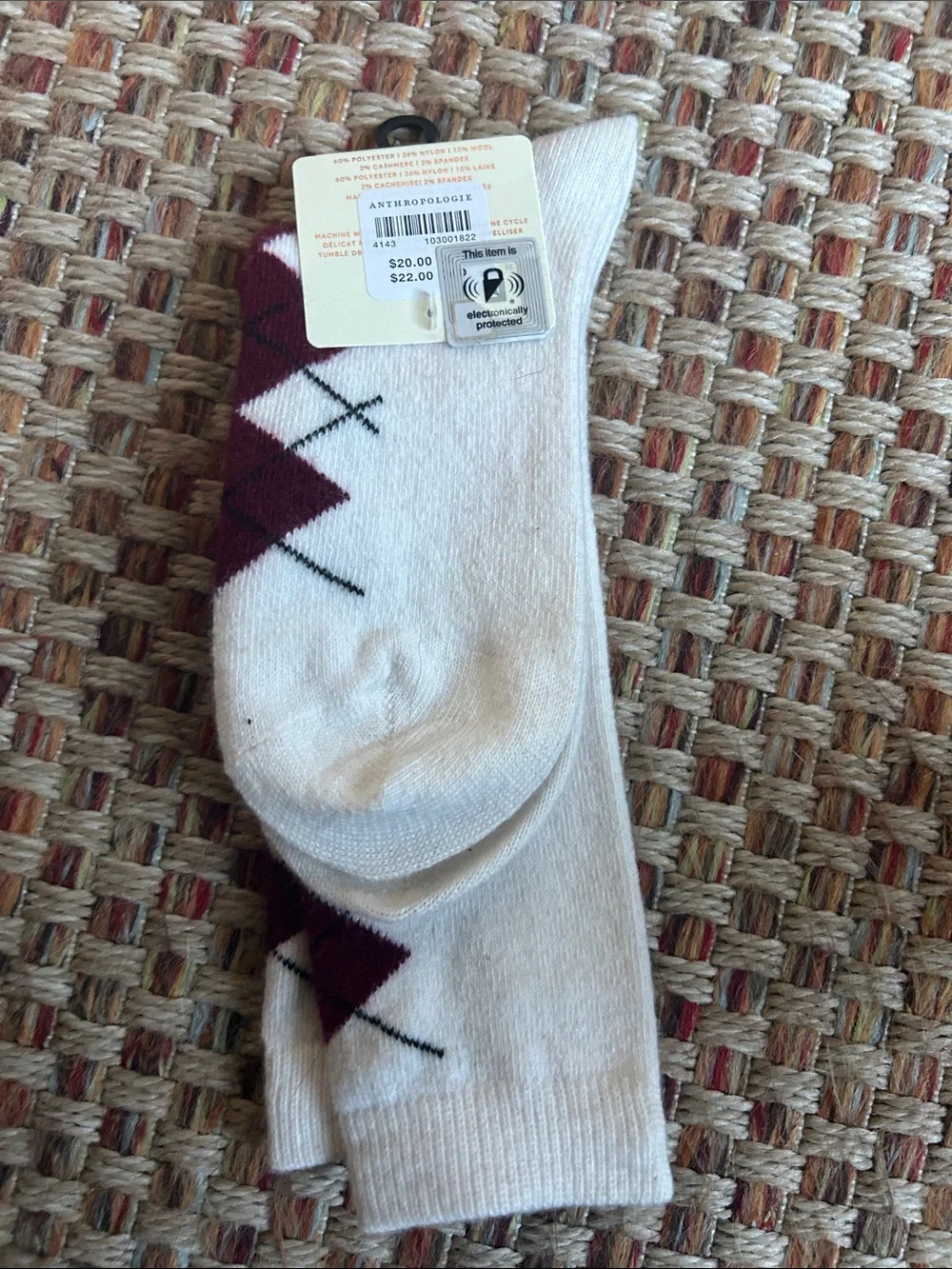 Anthropologie White Socks with Burgundy Argyle